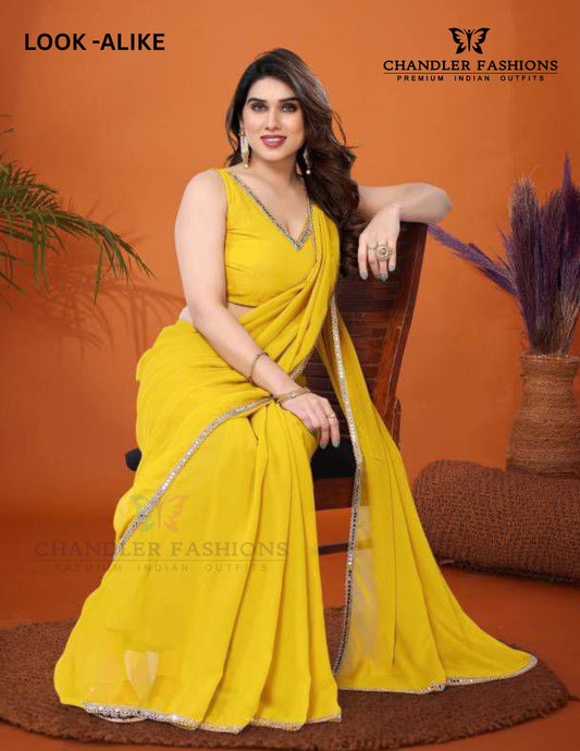 Beautiful Yellow Color Georgette With Mirror Work Saree For Women