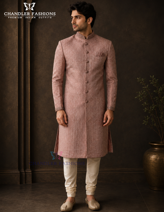 Premium Designer Vivaah Hand Embroidery Silk Sherwani Suit For Men - Onion Pink
