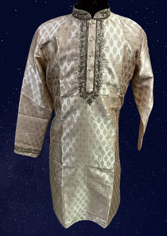 Dazzling Banarasi Brocade Gold Colored Self Design Embroidery Work Kurta Pajama For Men