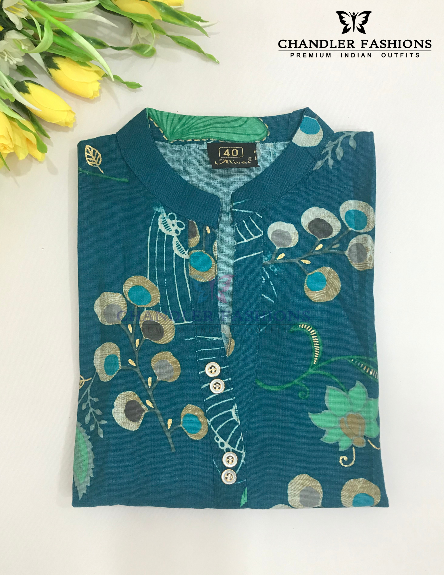 Peacock Blue Color With Printed Work Cotton Kurti Near Me