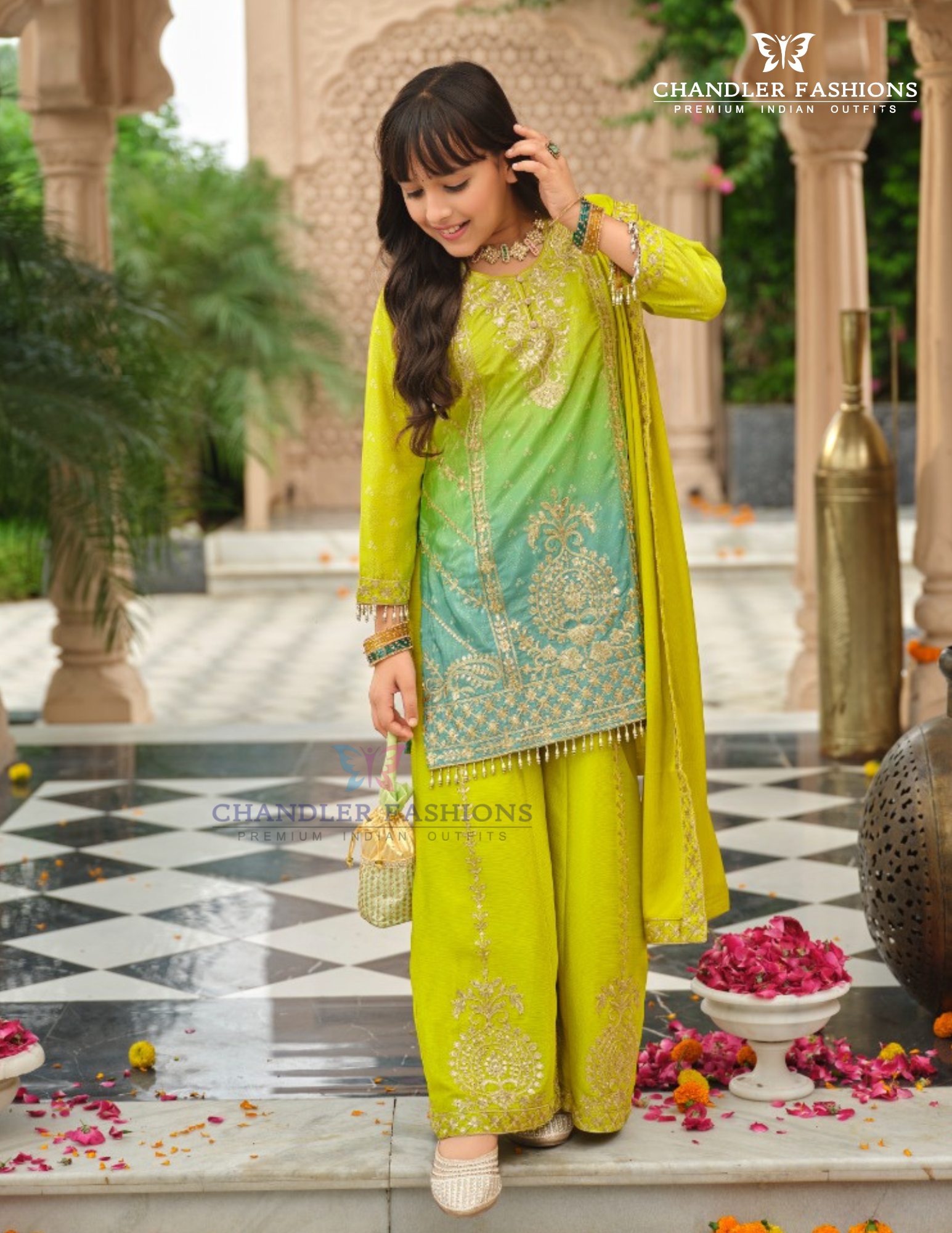 Lime Green Color Chinon With Embroidery Work Palazzo Suits For Girls Near Me