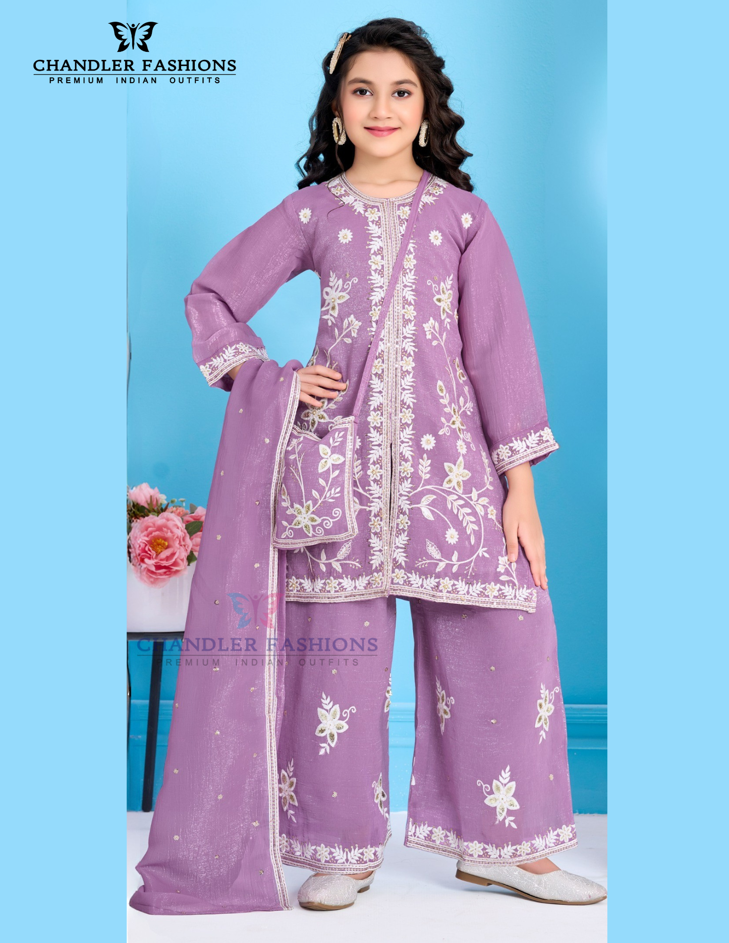 Captivating Lavender Color Georgette With Embroidery And Sequins Work Palazzo Suits For Girls