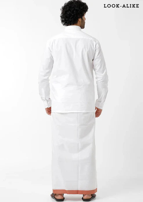 White Color Cotton Shirt And Copper Border Dhoti Set For Men In USA