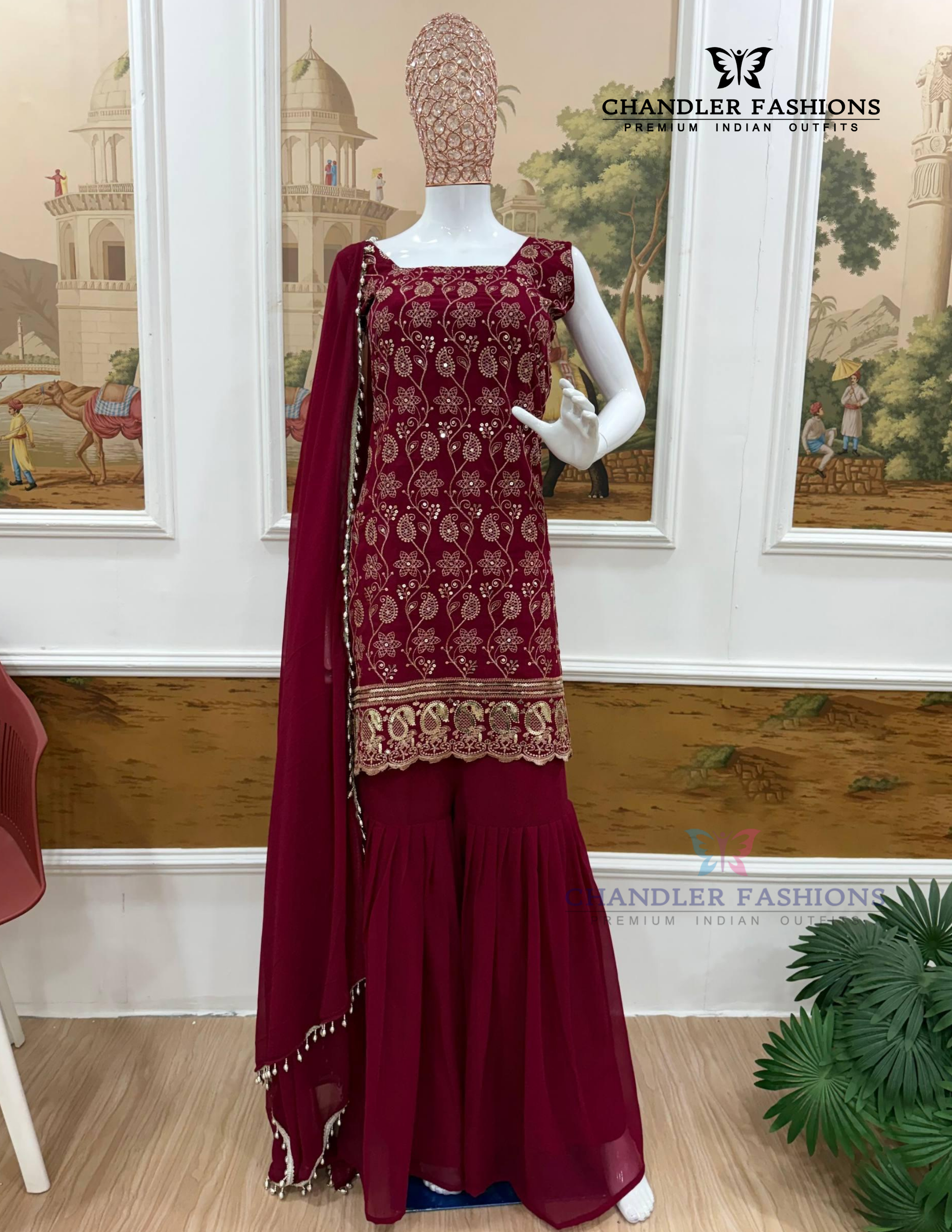 Alluring Maroon Color Georgette Palazzo Suit In Tempe