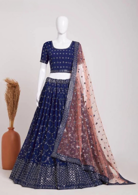 Appealing Blue Color Designer Embroidery And Sequins Work Lehenga And Choli With Fancy Dupatta For Women