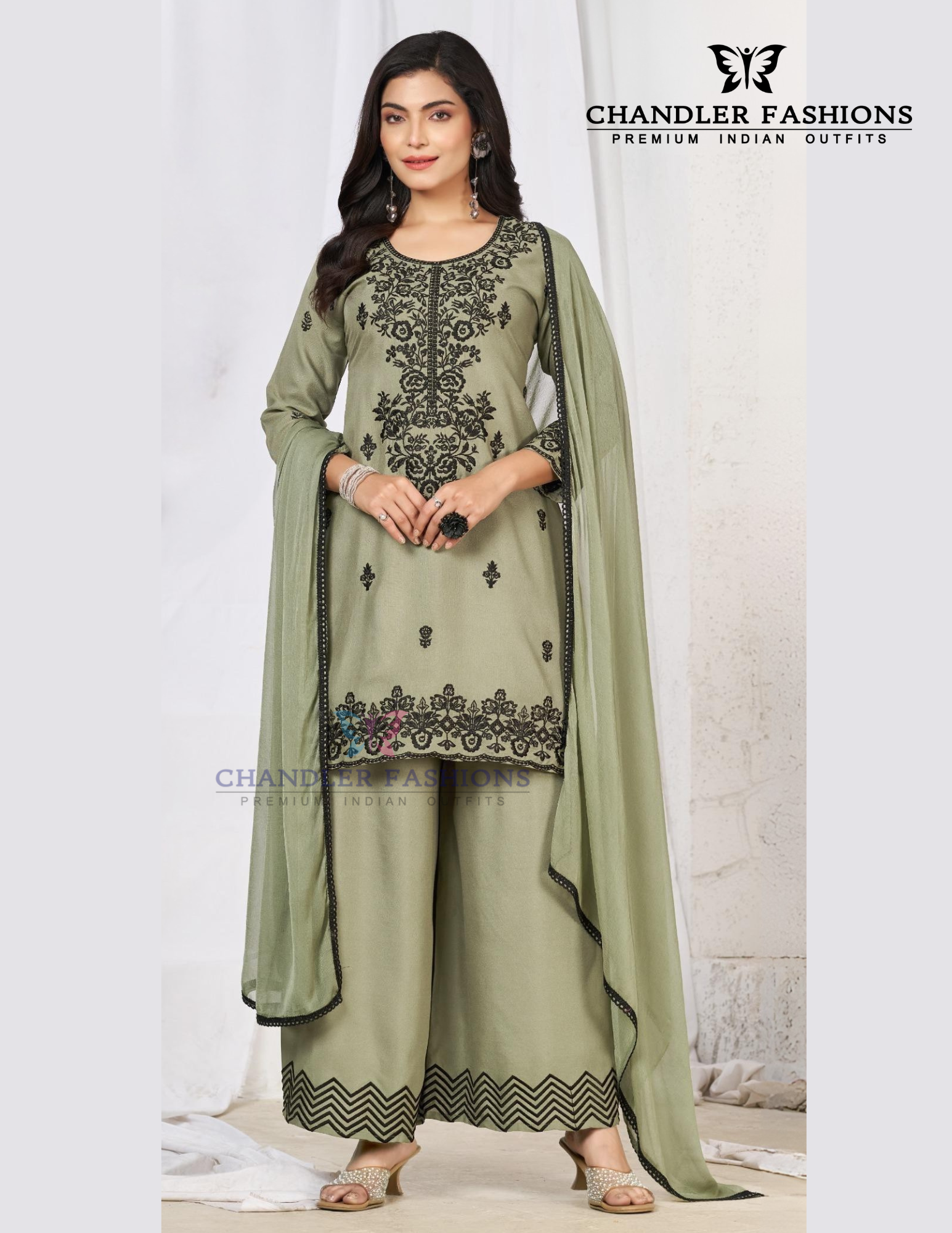 Attractive Olive Green Color Rayon With Thread Work Palazzo Suits For Women