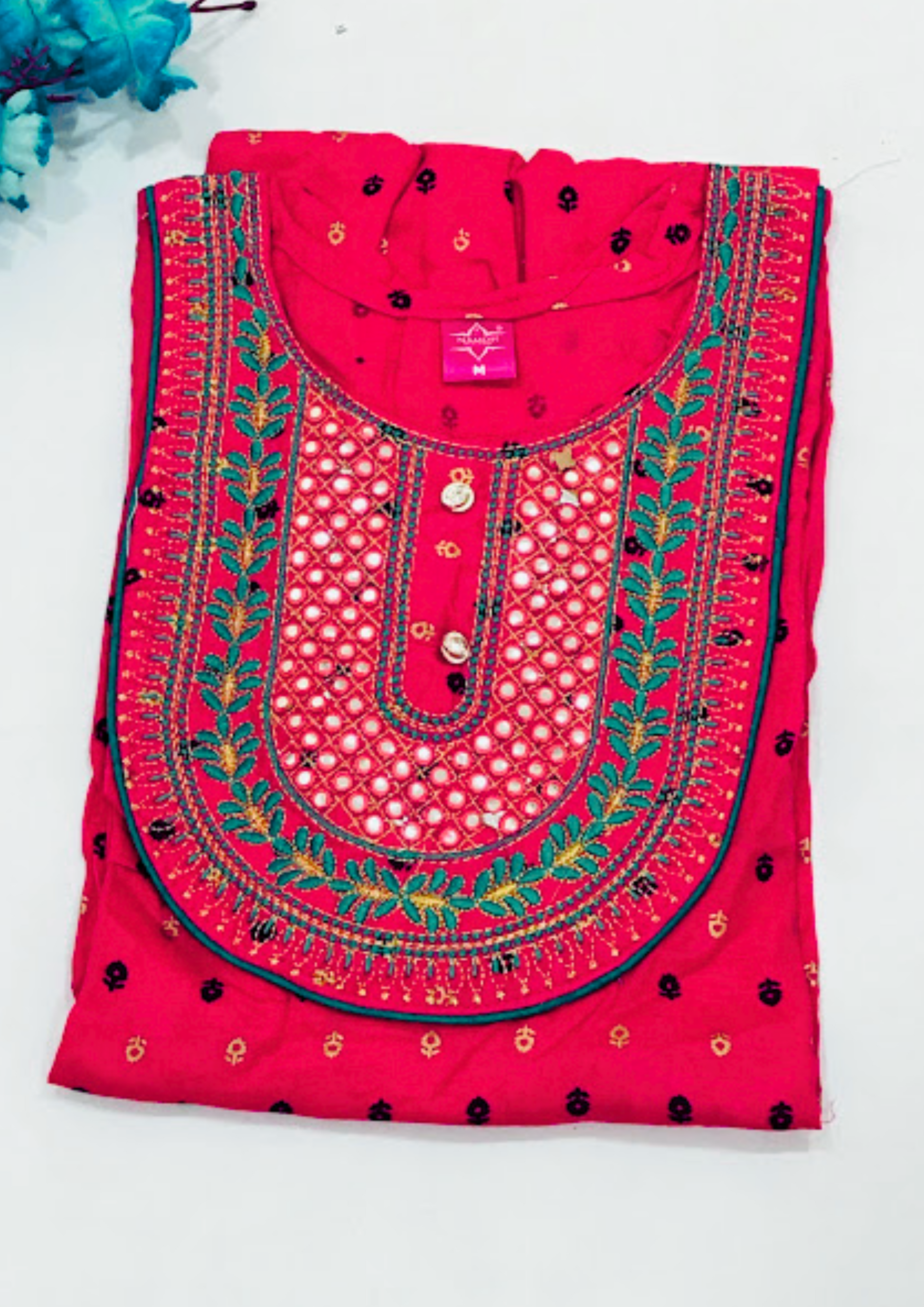 Pink Color Embroidery With Printed Work Rayon Kurti Near Me