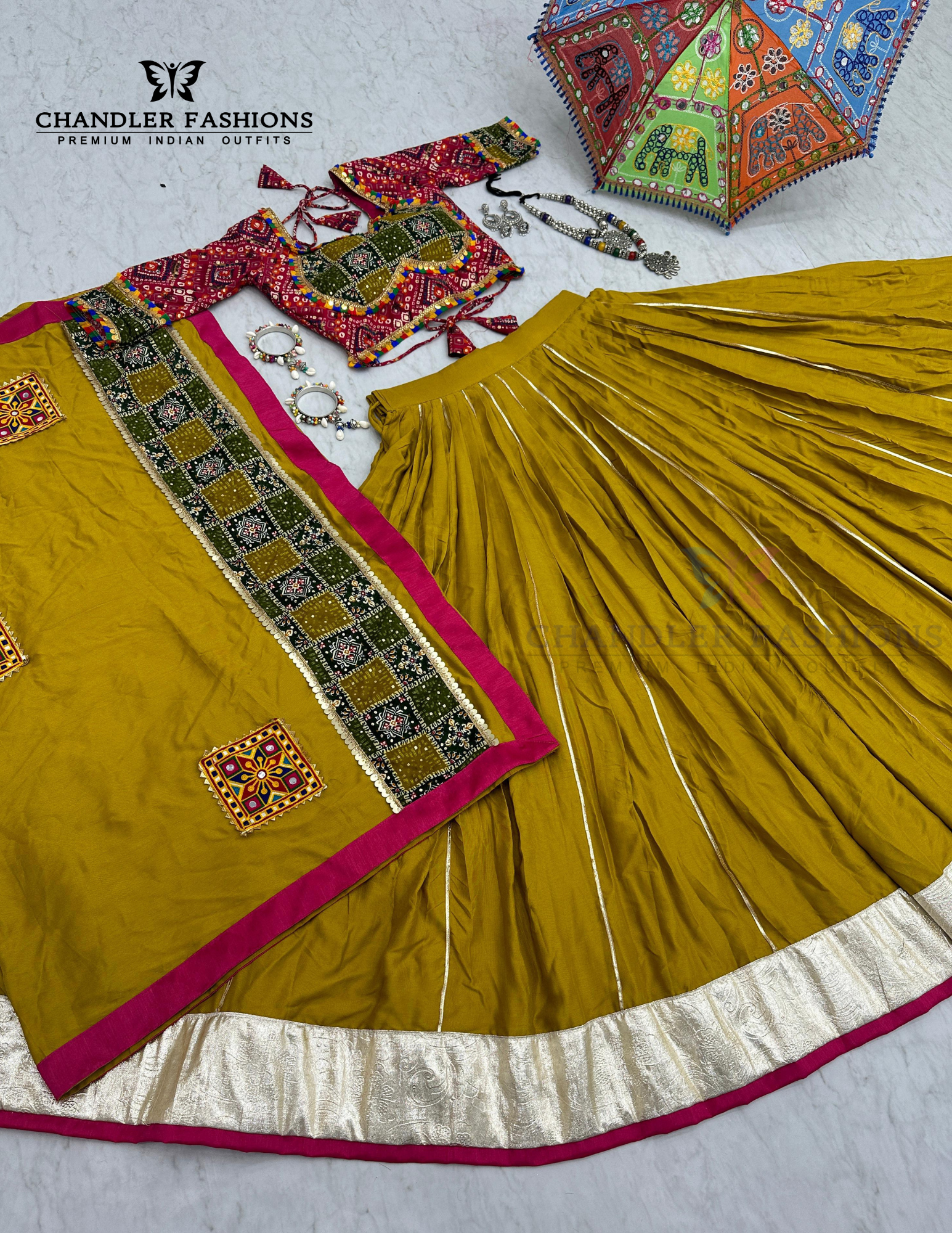 Multicolored Gamthi Work Chaniya Choli Set In Yuma