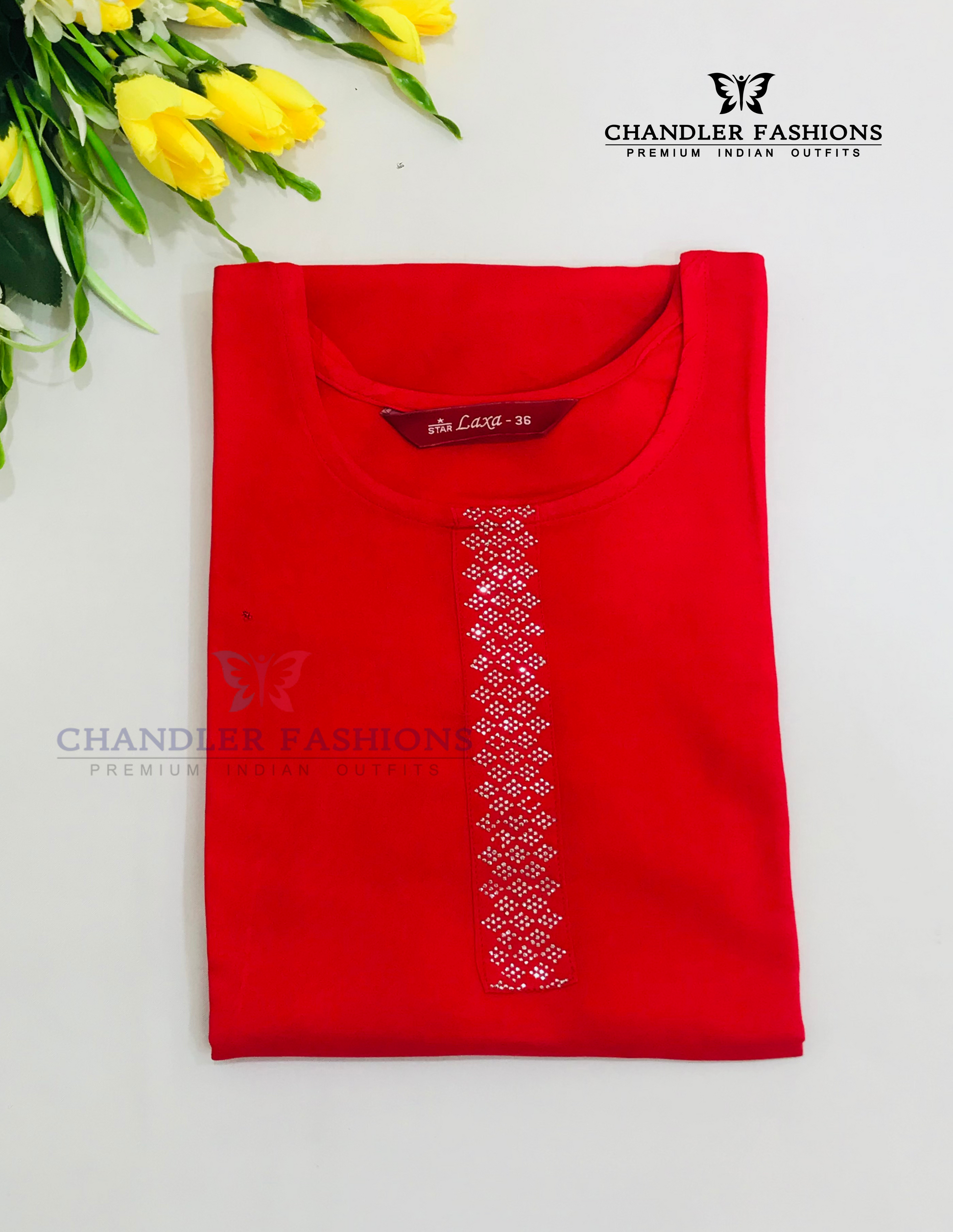 Delightful Red Color Rayon Stone Work Kurti In Globe