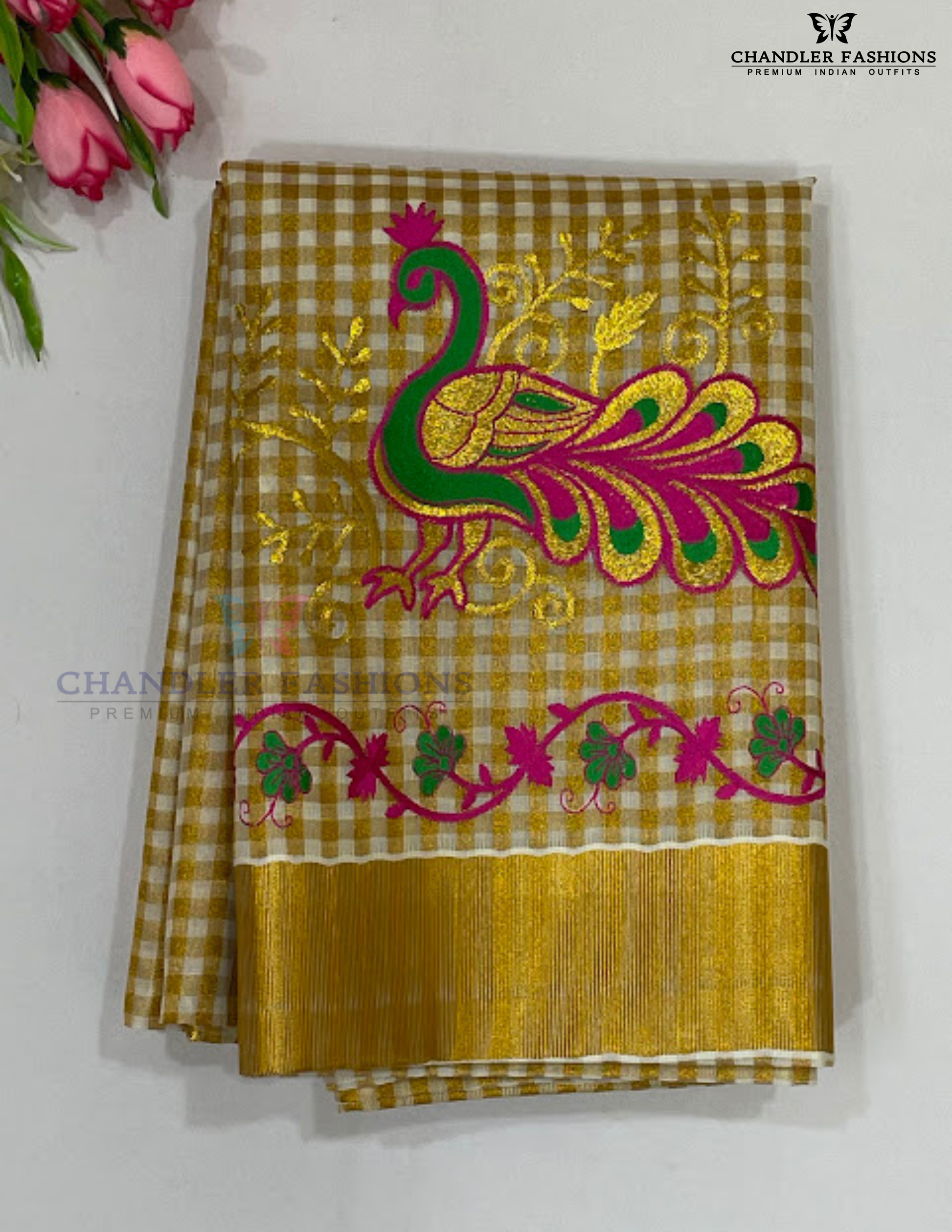 Attractive Kerala Cotton Peacock Embroidery Saree With Copper Zari Border For Women