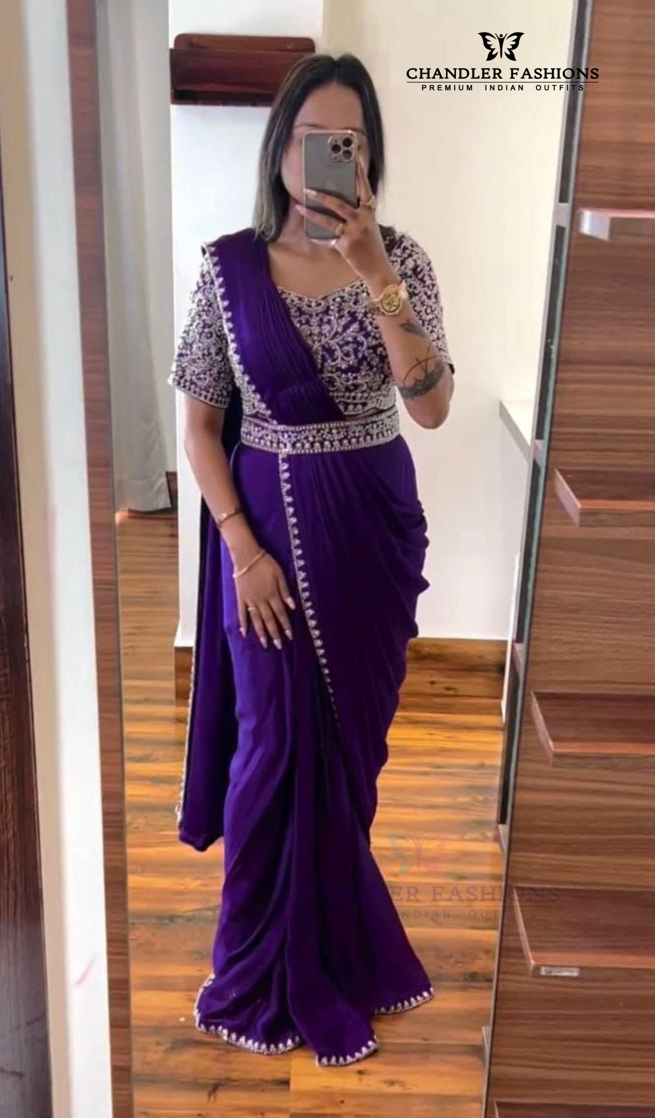 Exquisite Violet Color Chinon Ready To Wear Saree With Embroidery Work Belt For Women