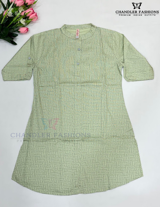 Delightful Pista Green Color Cotton Kurti With Printed Work For Girls