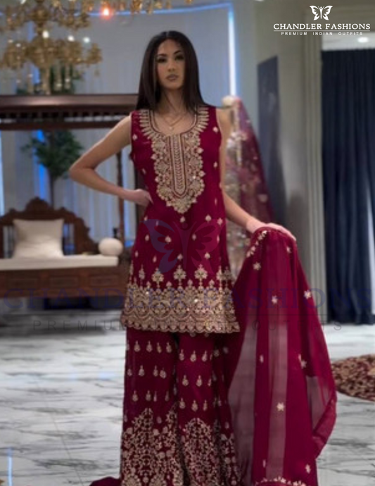 Alluring Maroon Color Sequins And Heavy Embroidery Work Sharara Suits With Dupatta