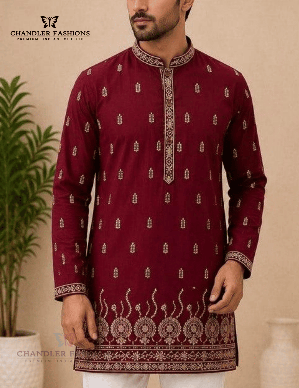 Attractive Maroon Color Pure Linen Cotton Short Kurta With Print Work For Men