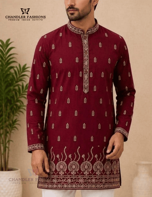 Attractive Maroon Color Pure Linen Cotton Short Kurta With Print Work For Men