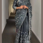 Elegant Gray Colored Organza Party Wear Sequins Saree With Embroidery And Zari Work
