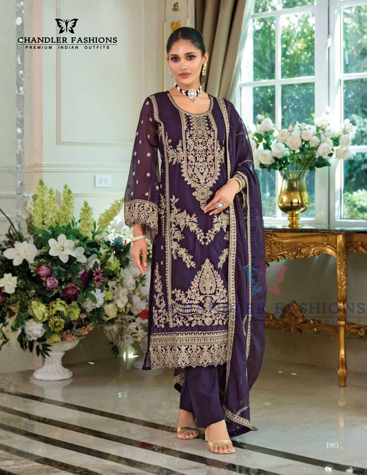 Attractive Dark Purple Soft Organza With Embroidery Work Salwar Suits For Women