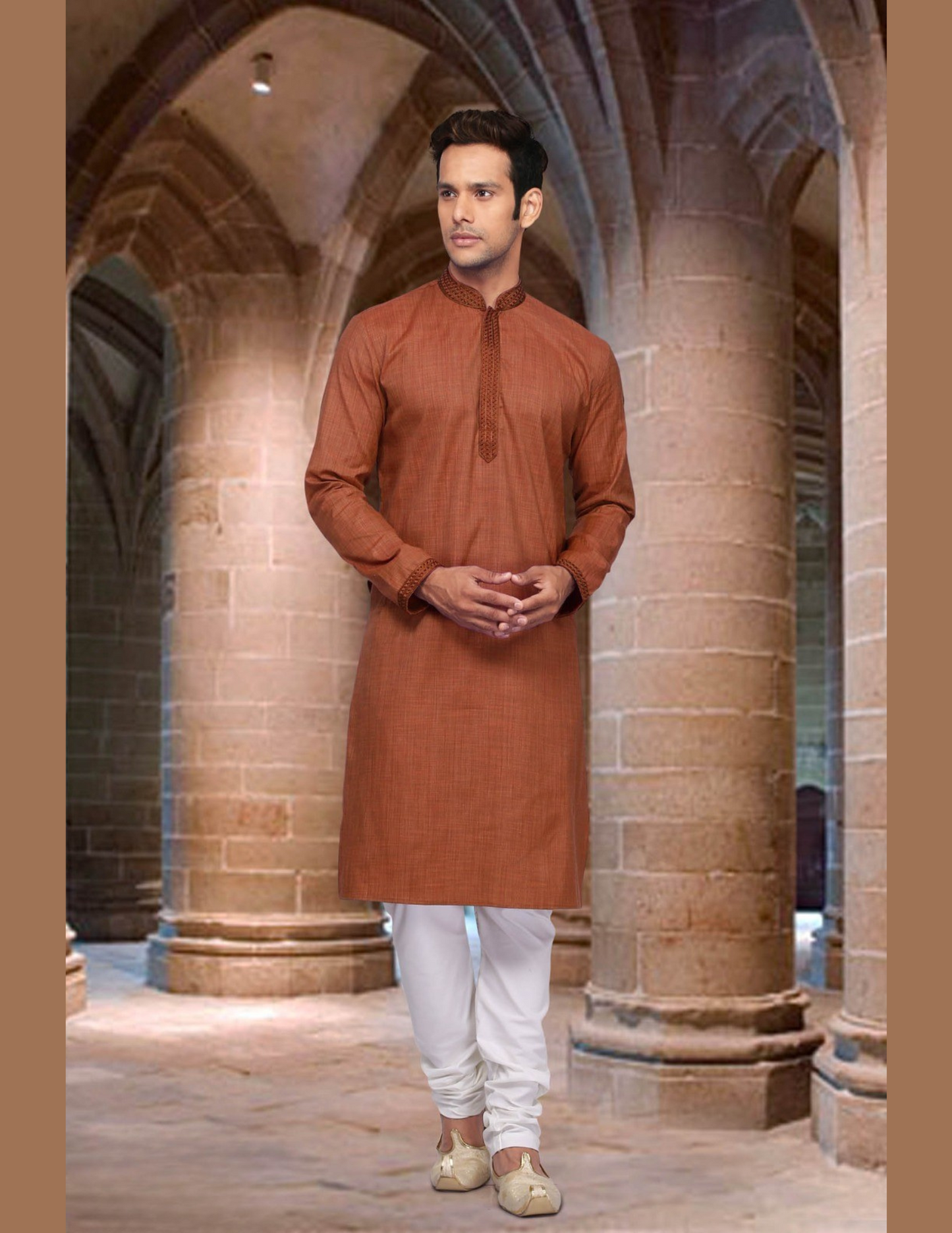 Alluring Light Maroon Color Poly Cotton Lace Embroidery Work Men's Kurta For Men