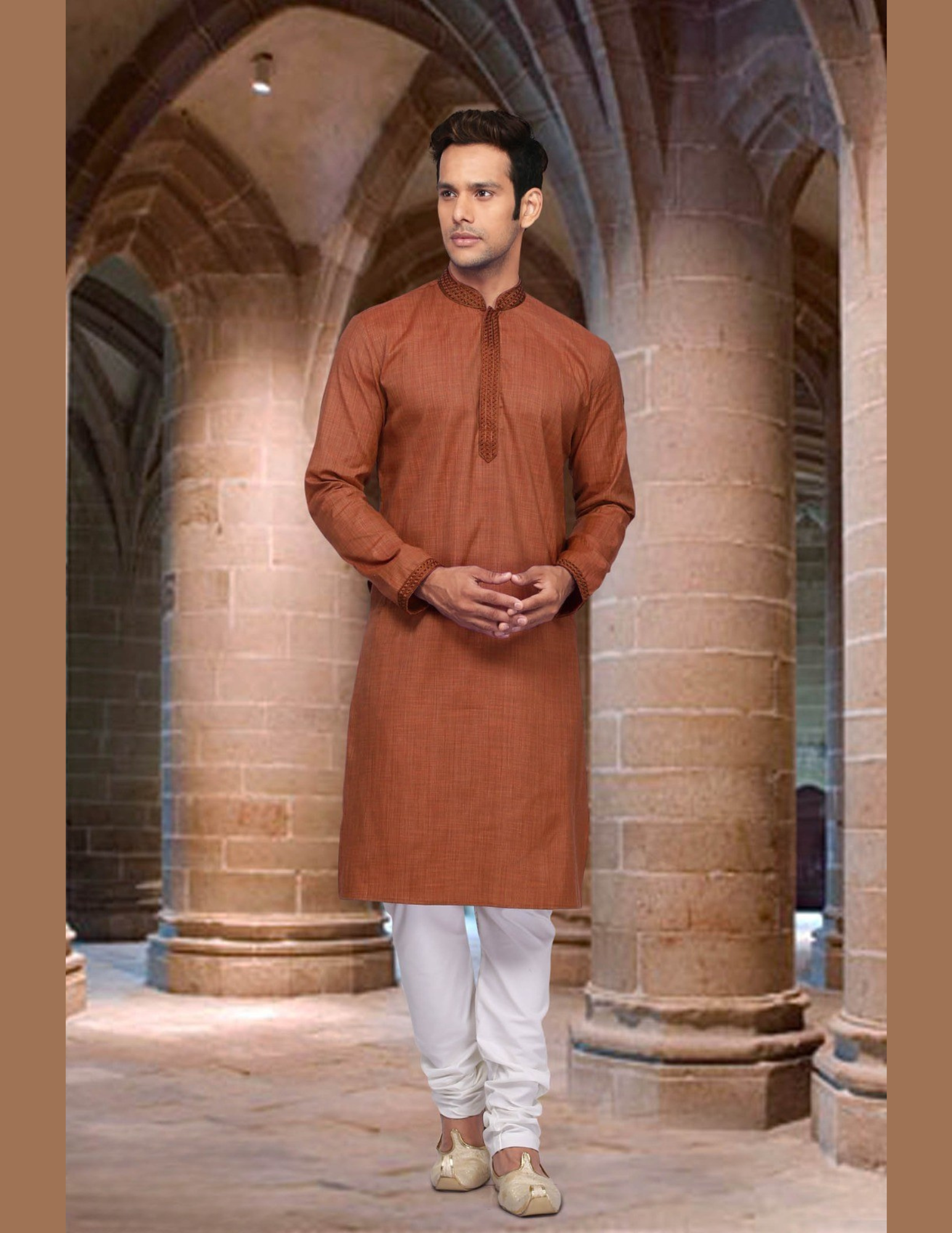 Alluring Light Maroon Color Poly Cotton Lace Embroidery Work Men's Kurta For Men