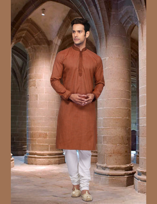 Alluring Light Maroon Color Poly Cotton Lace Embroidery Work Men's Kurta For Men