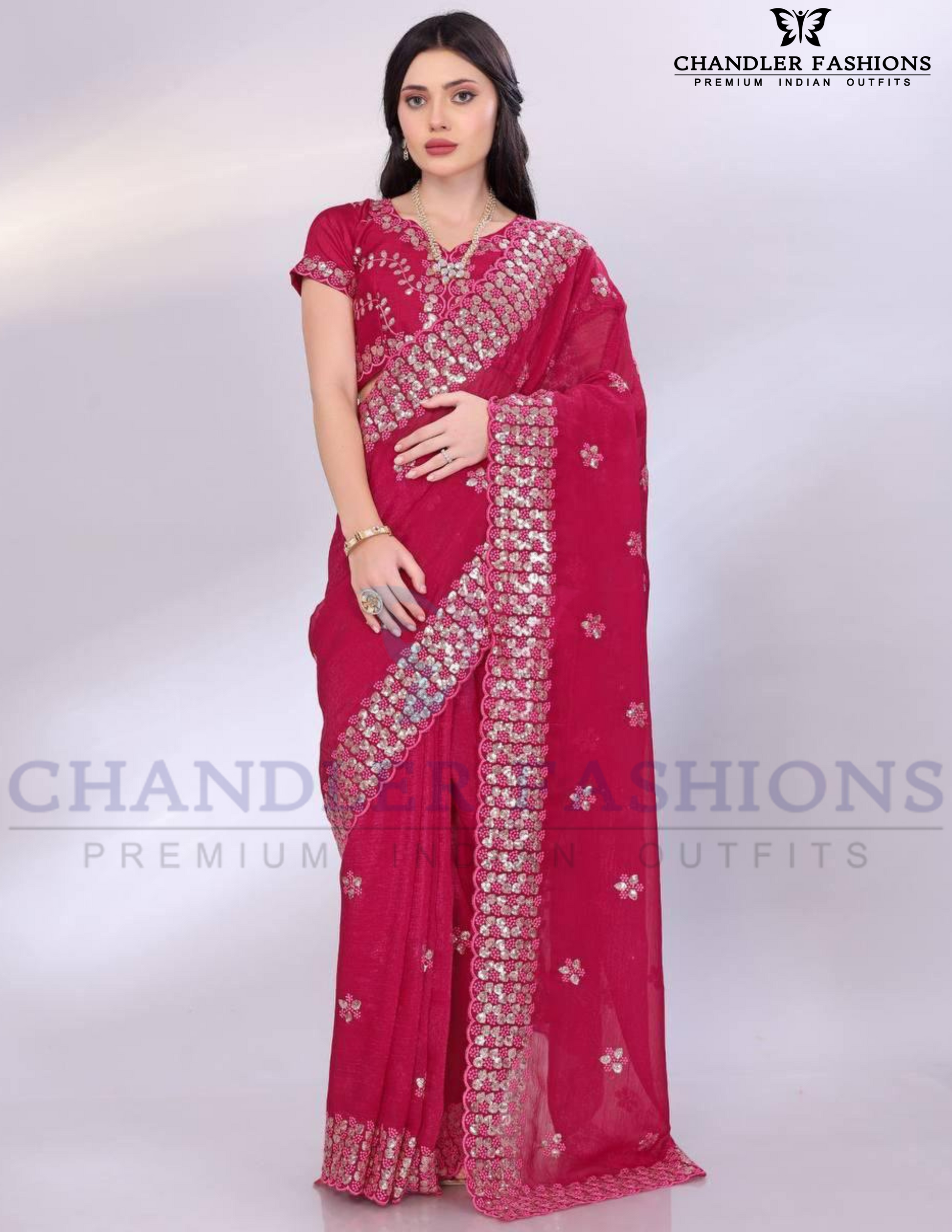 Wounderful Red Color Gold Tussar Sequins Saree With Embroidery Work