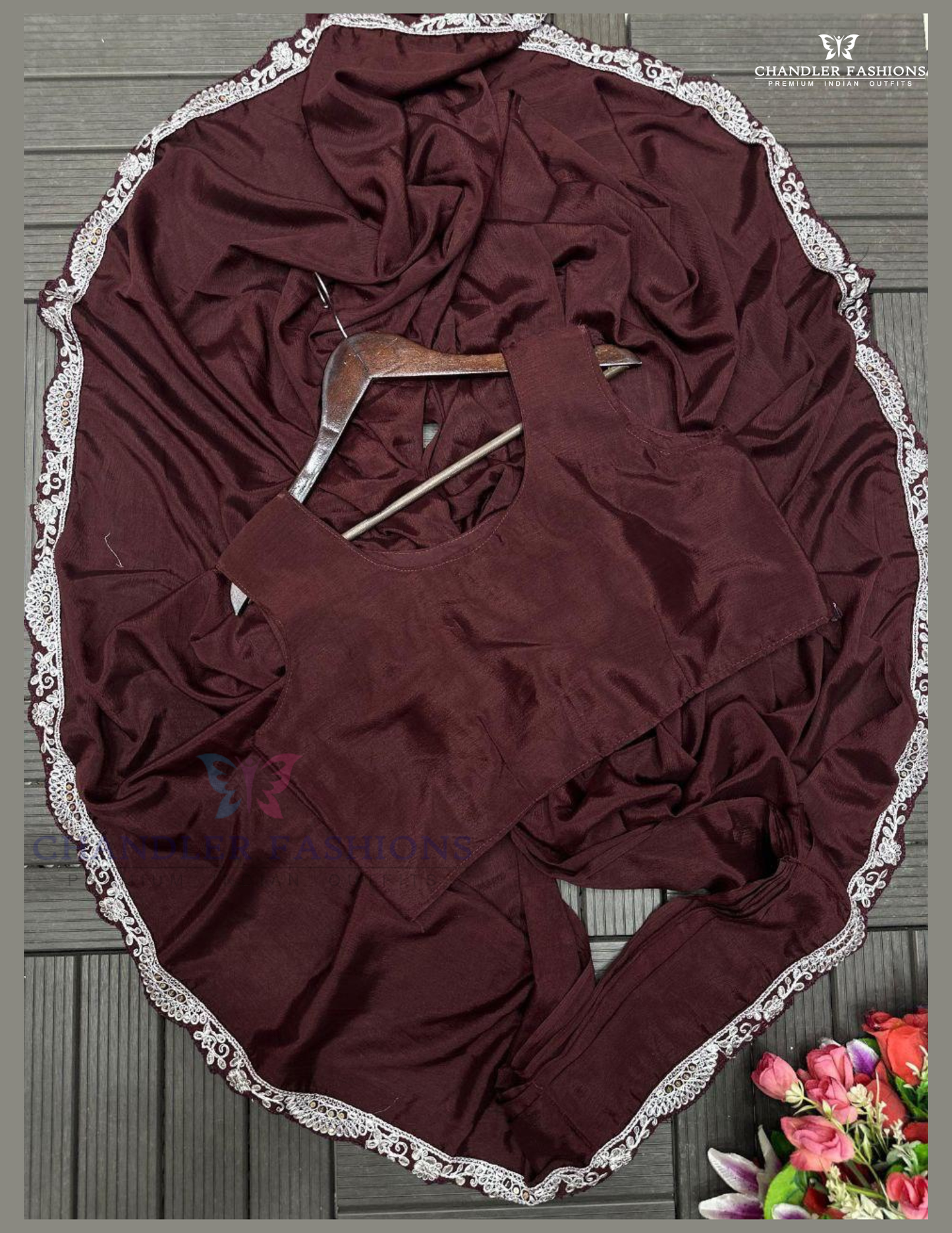 Brown Color Heavy Chinon Ready To Wear Saree In Yuma