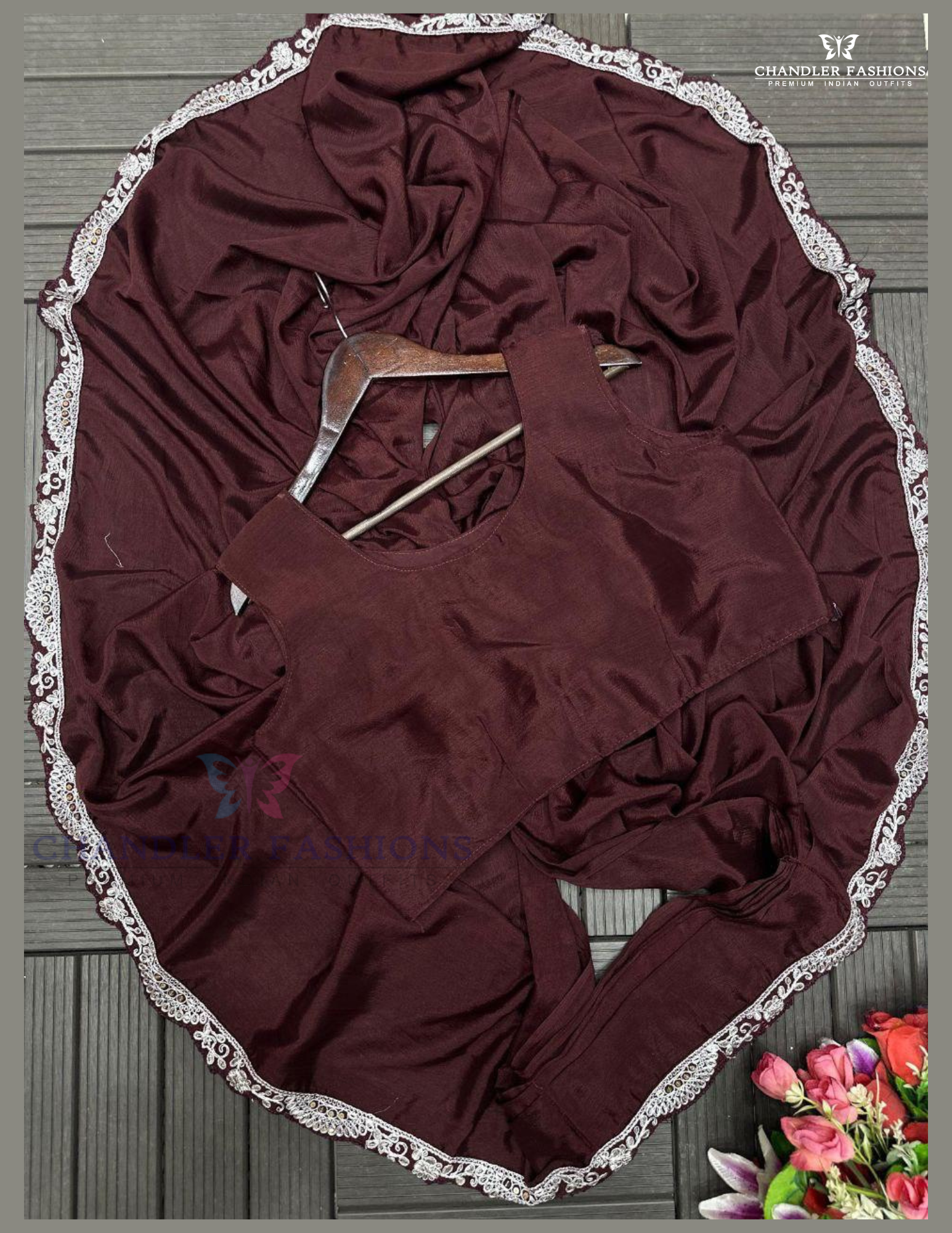 Brown Color Heavy Chinon Ready To Wear Saree In Yuma