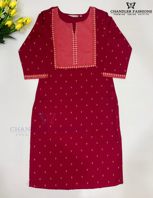 Marvelous Maroon Color With Embroidery Work Kurti For Women