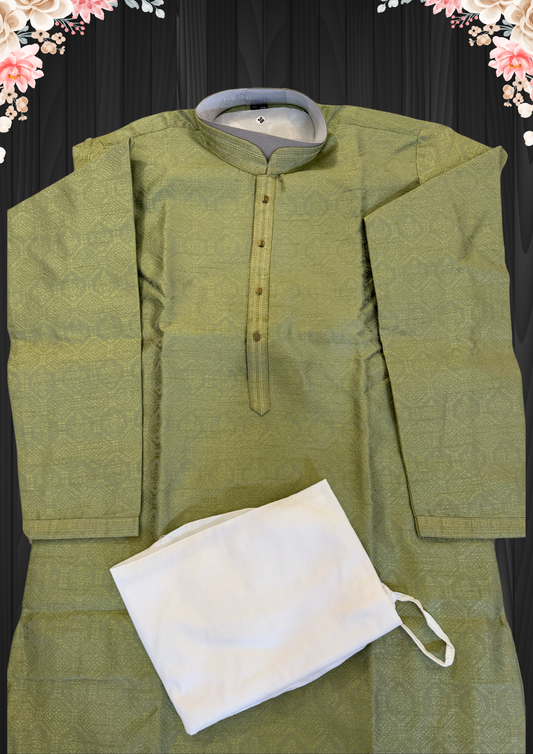 Alluring Pastel Green Color Art Silk Embroided Neck Kurta With Pajama Pant For Men
