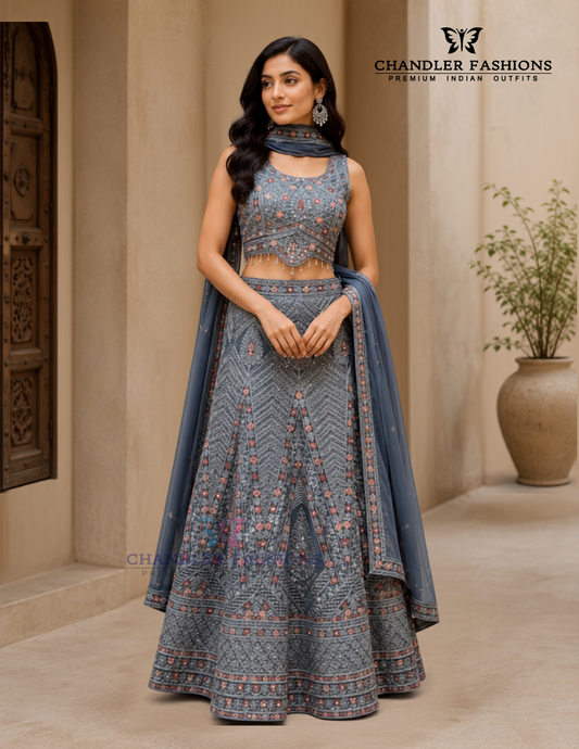 Elegant Gray Color Net With Embroidery And Sequins Work Lehenga Choli For Women