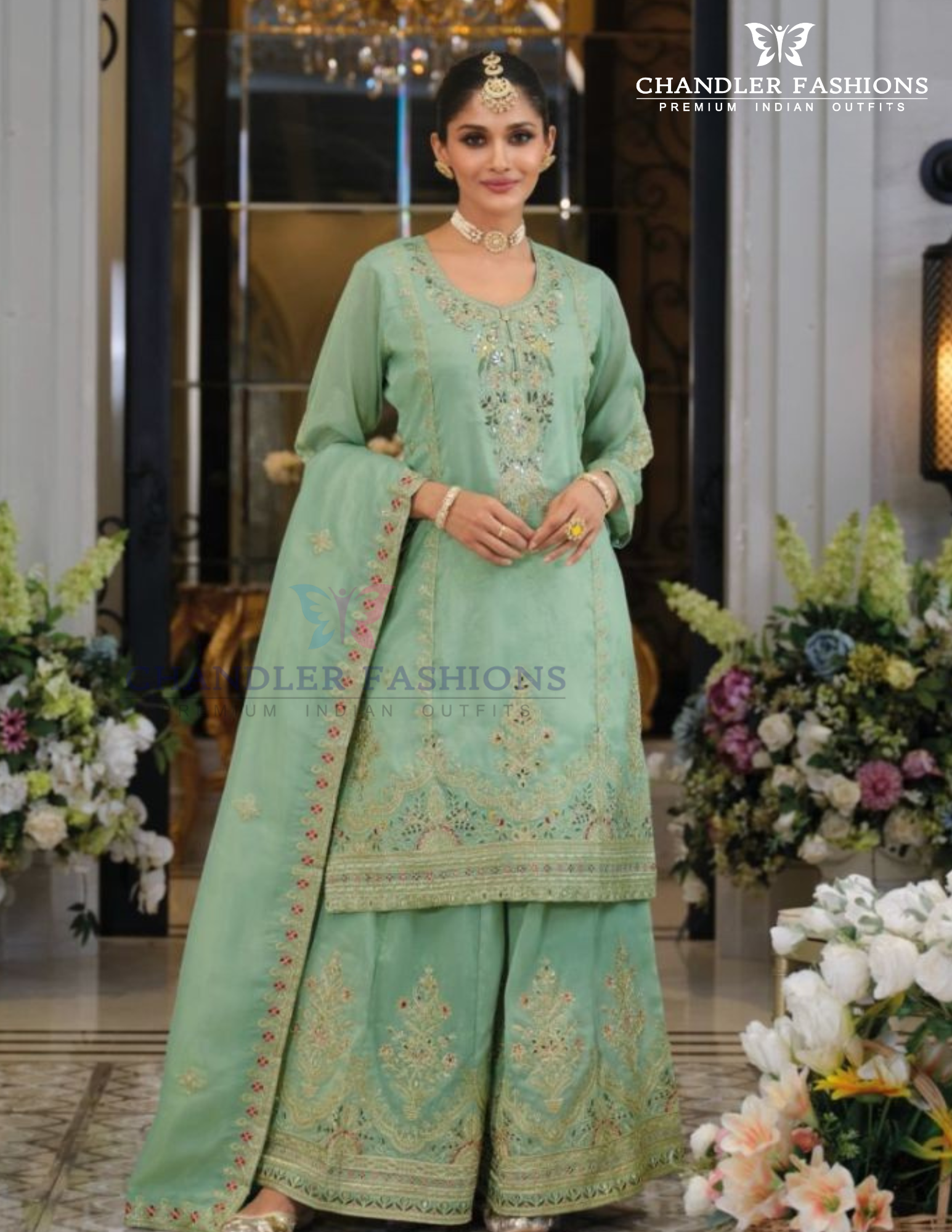Alluring Light Green Color Chinon Embroidery Work Kurti Palazzo Pant With Dupatta