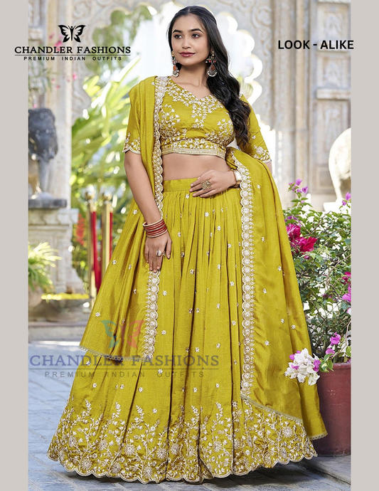 Alluring Mustard Yellow Color Chinon With Embroidery And Zari Work Lehenga Choli With Dupatta