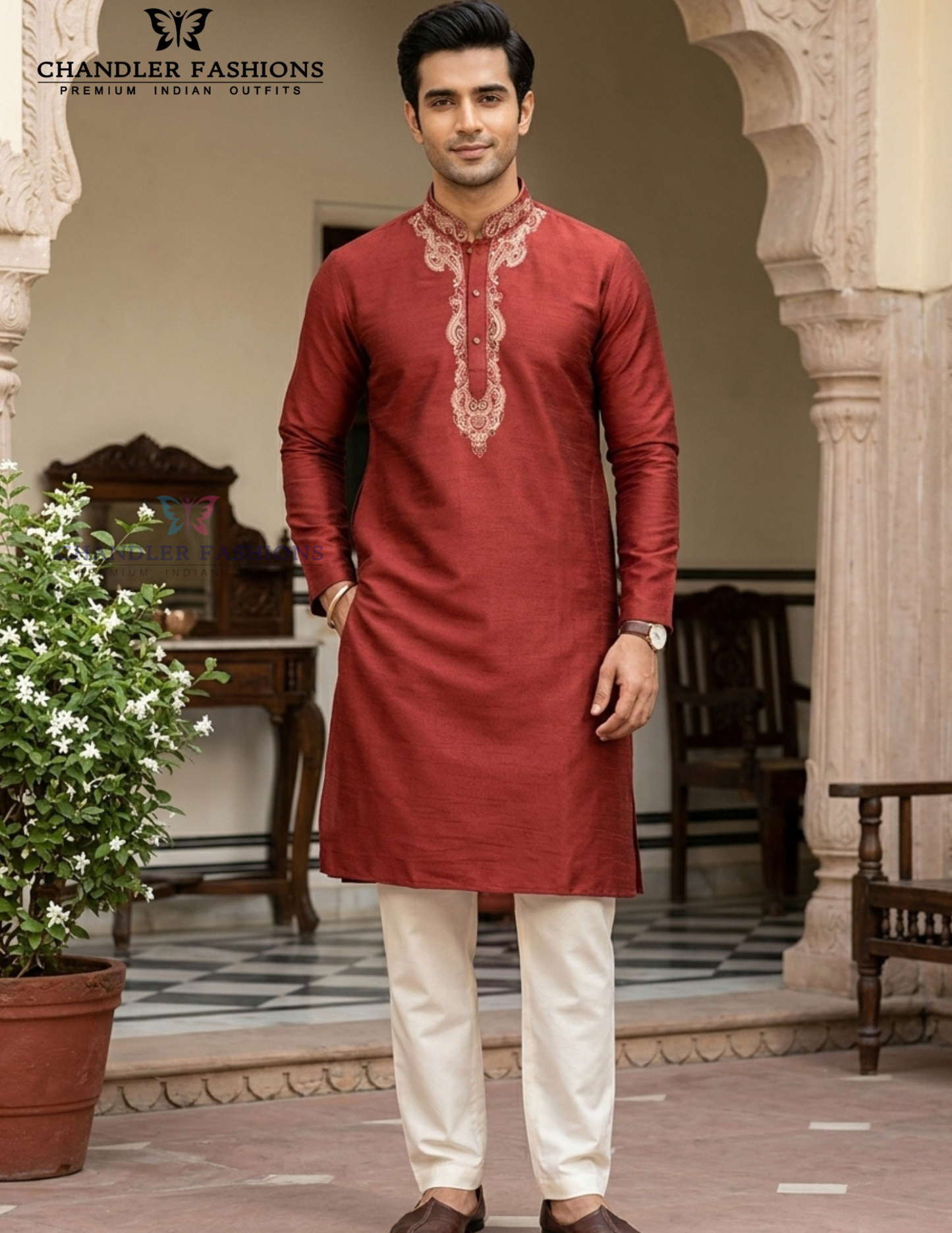 Pleasing Red Color Men's Cotton Kurta With Pajama Pant