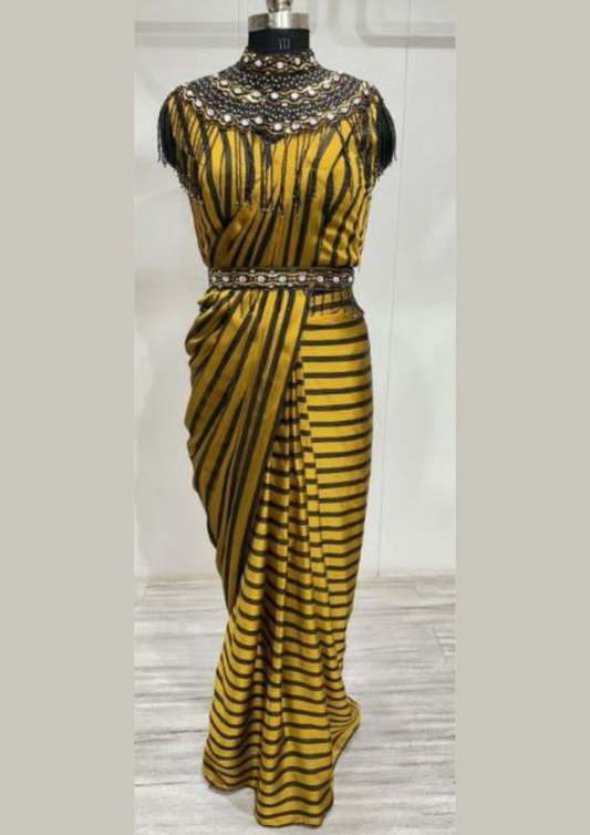 Alluring Yellow Color Ready To Wear One Minute Lycra Designer Saree