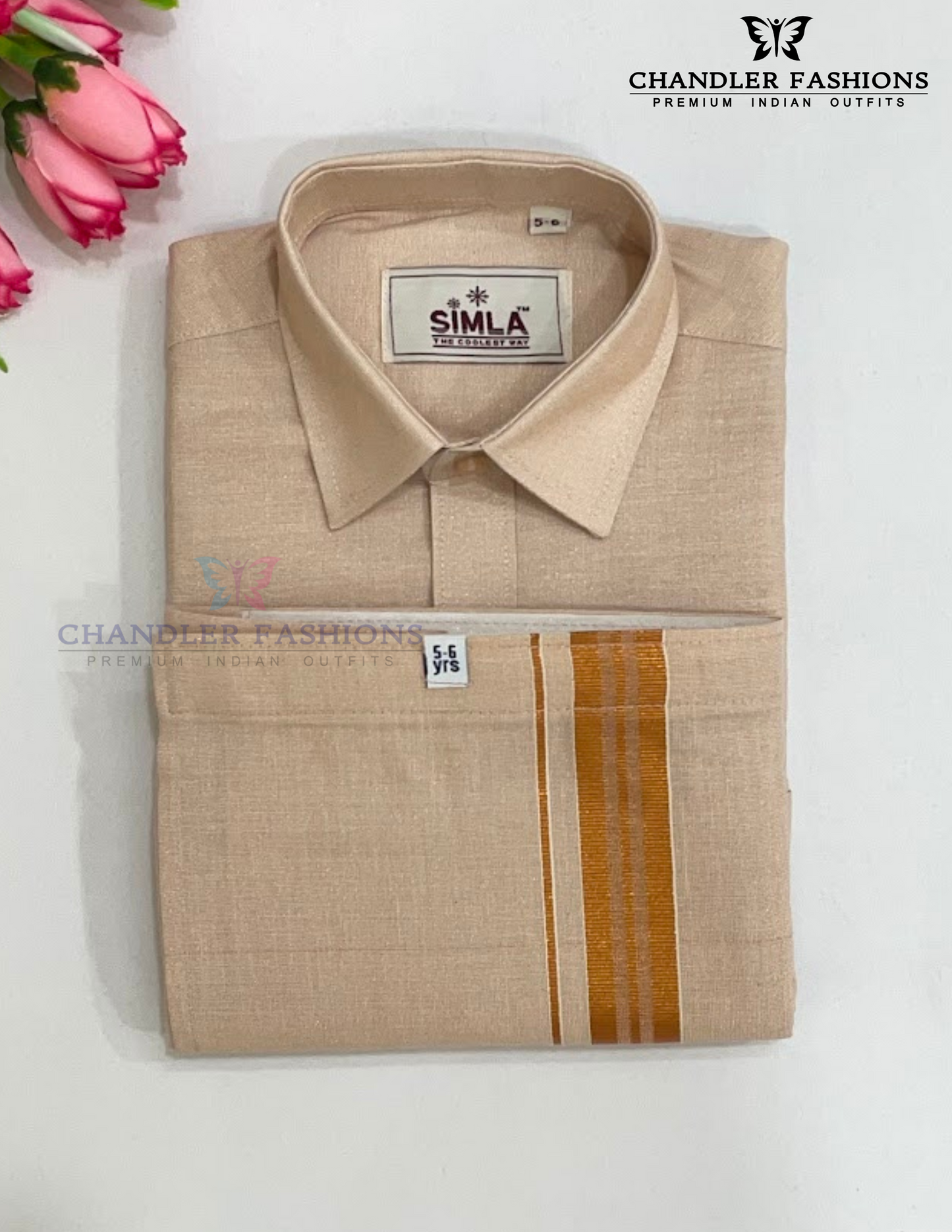 Wonderful Copper Color Cotton Shirt With Tissue Zari Work Dhoti Set For Kids