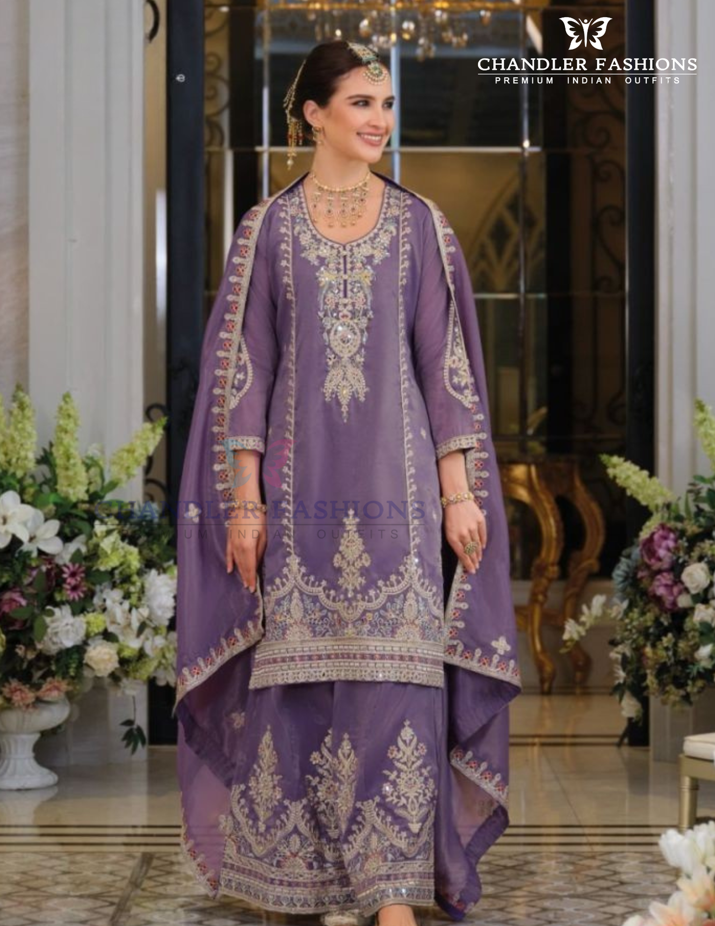 Beautiful Purple Color Chinon Embroidery Work Kurti Palazzo Pant With Dupatta