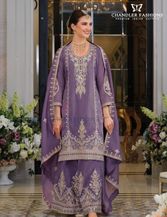 Beautiful Purple Color Chinon Embroidery Work Kurti Palazzo Pant With Dupatta