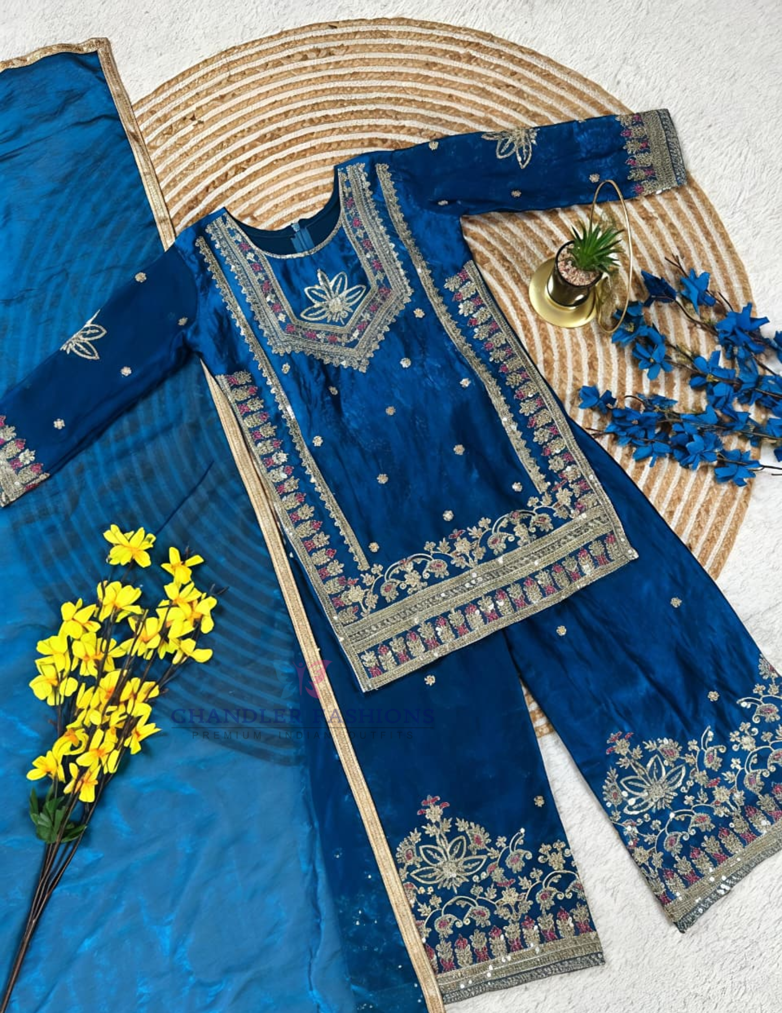 Blue Color Fendy Silk Embroidery And Sequins Work Palazzo Suits In USA