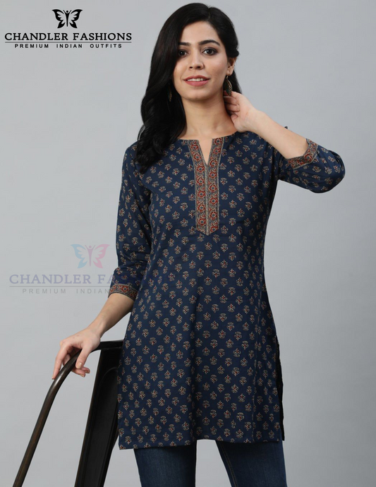Beautiful Navy Blue Color Cotton With Printed Work Short Kurti For Women