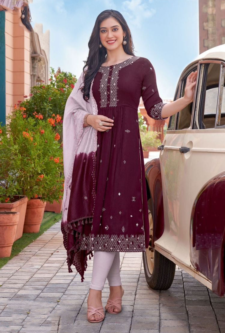 Pretty Maroon Color Rayon Wrinkle Salwar Suits With Chanderi Work Dupatta