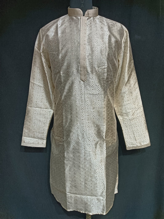 Beautiful Beige Color Banarasi Brocade Men's Kurta Suits With Silver Zari Work