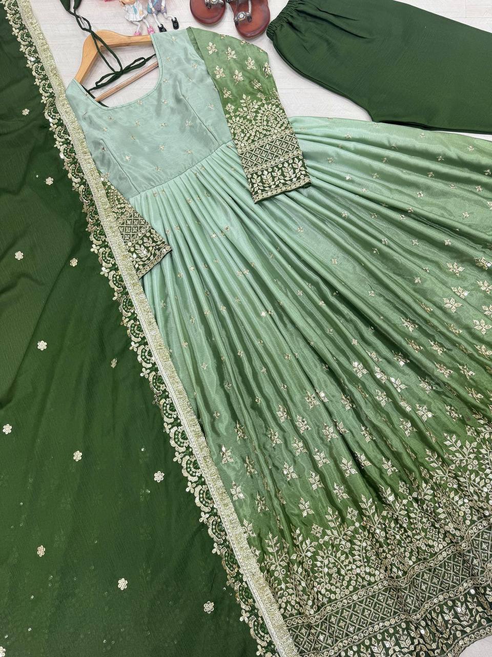 Heavy Chinon Silk Anarkali Set With Embroidery Work In USA