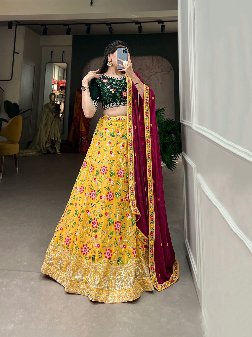 Alluring Yellow Colored Sequins And Thread Embroidery Work Georgette Lehenga Choli With Dupatta For Women Near Me