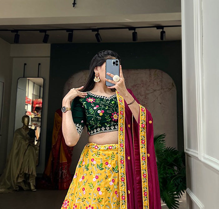 Alluring Yellow Colored Sequins And Thread Embroidery Work Georgette Lehenga Choli With Dupatta For Women In Tucson