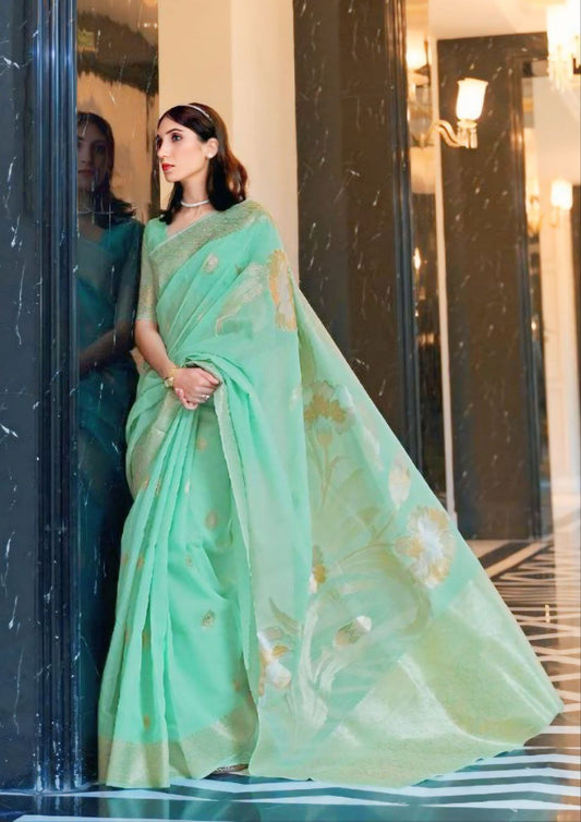 Attractive Green Colored Linen Saree With Blouse For Women