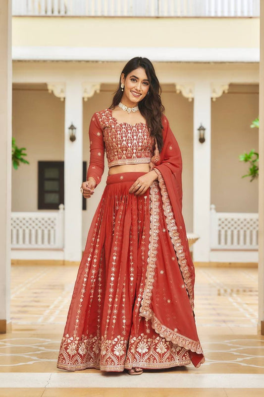 Attractive Red Color Georgette Embroidery Sequins Work Lehenga Choli