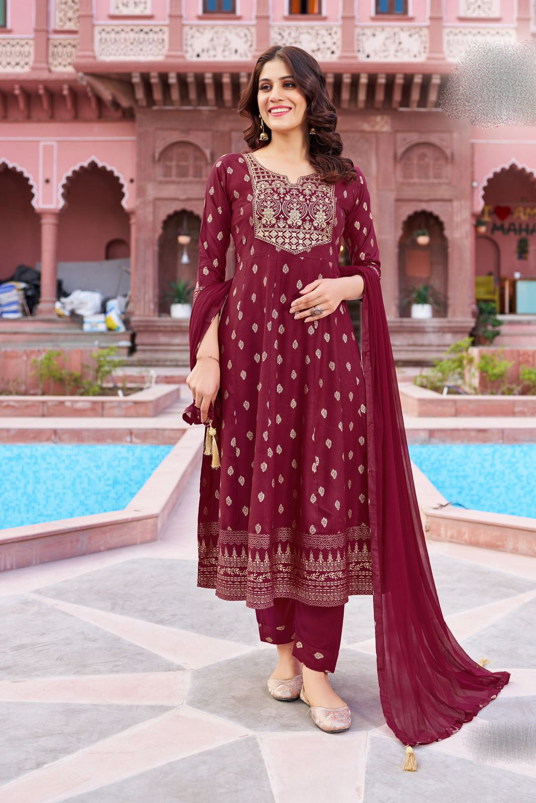 Elegant Rayon Neck Embroidery Work Maroon Colored Salwar Suits With Dupatta