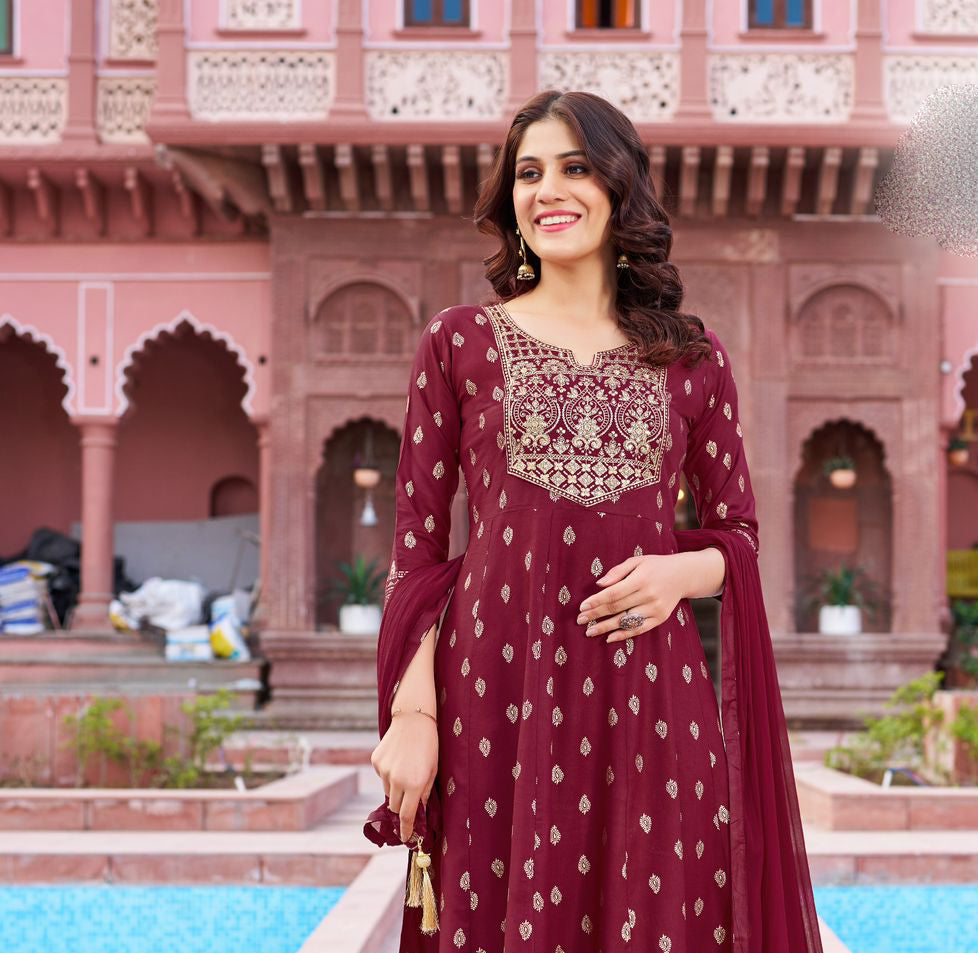 Elegant Rayon Neck Embroidery Work Maroon Colored Salwar Suits With Dupatta Near Me