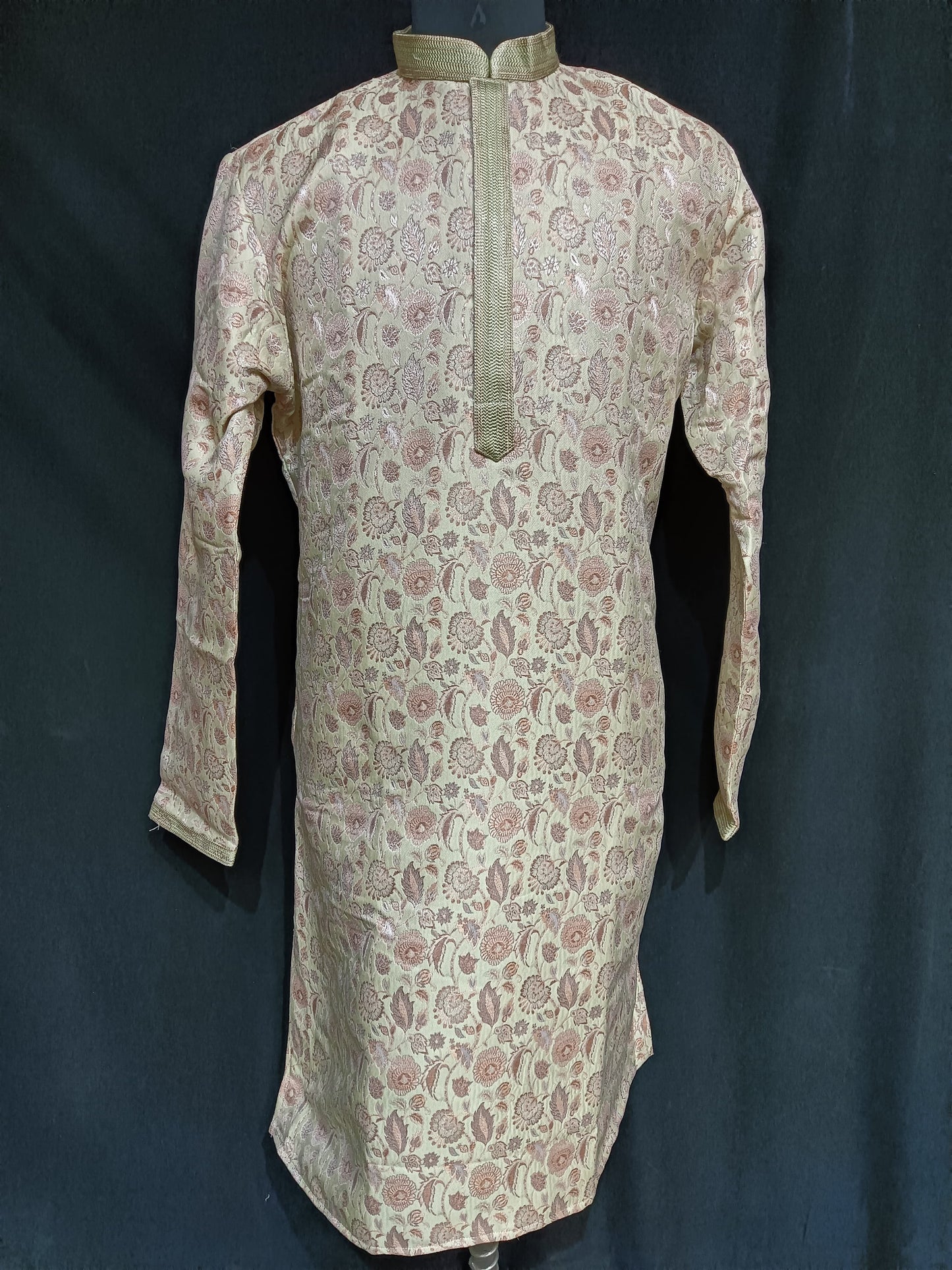 Attractive Pista Green Floral Design Brocade Kurta Pajama Set For Men