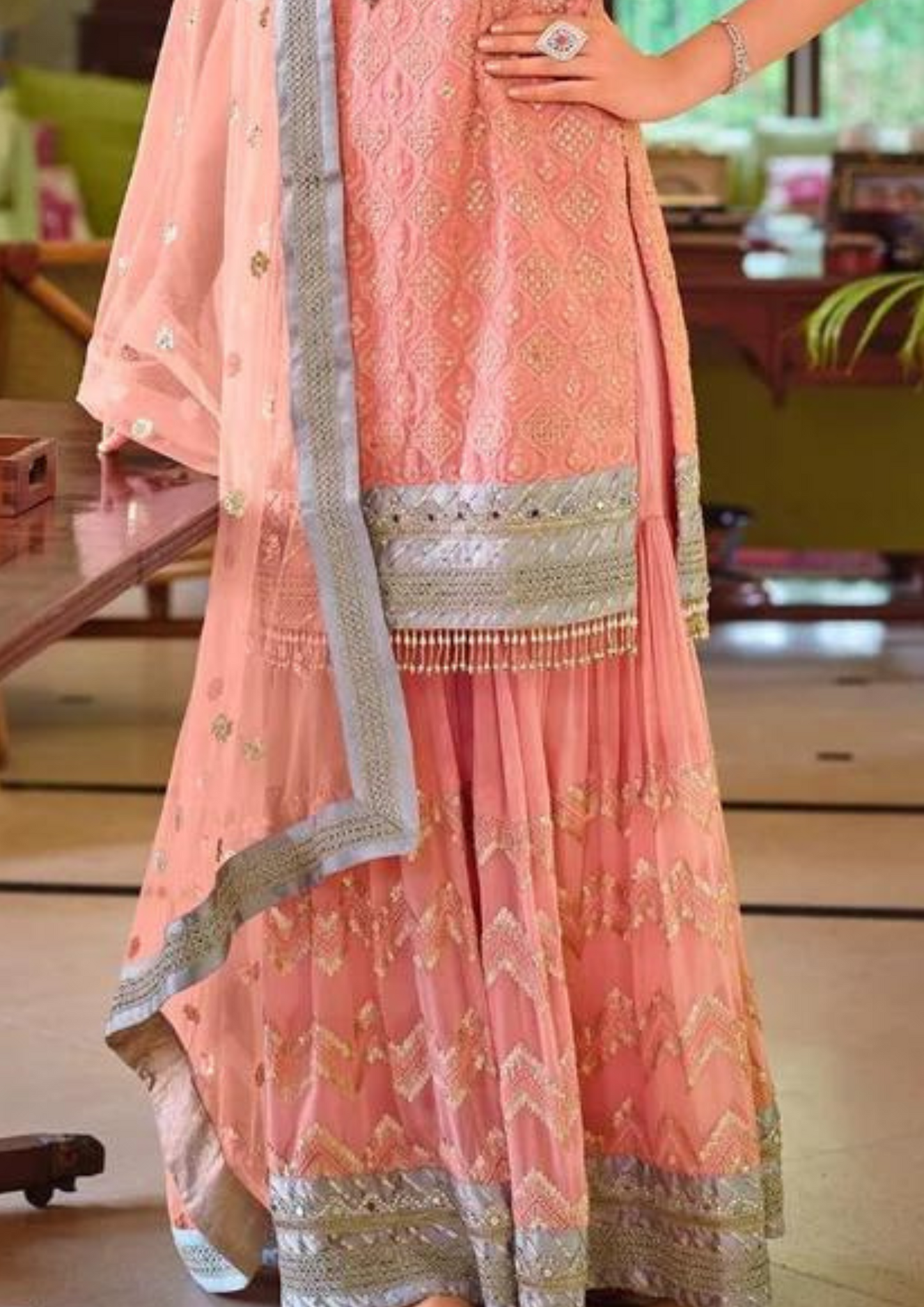 Attractive Peach Color Fancy Embroidery Work Palazzo Suits With Dupatta In Tempe